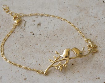 Gold Birds on Branch Charm Bracelet: Dainty Nature Jewelry