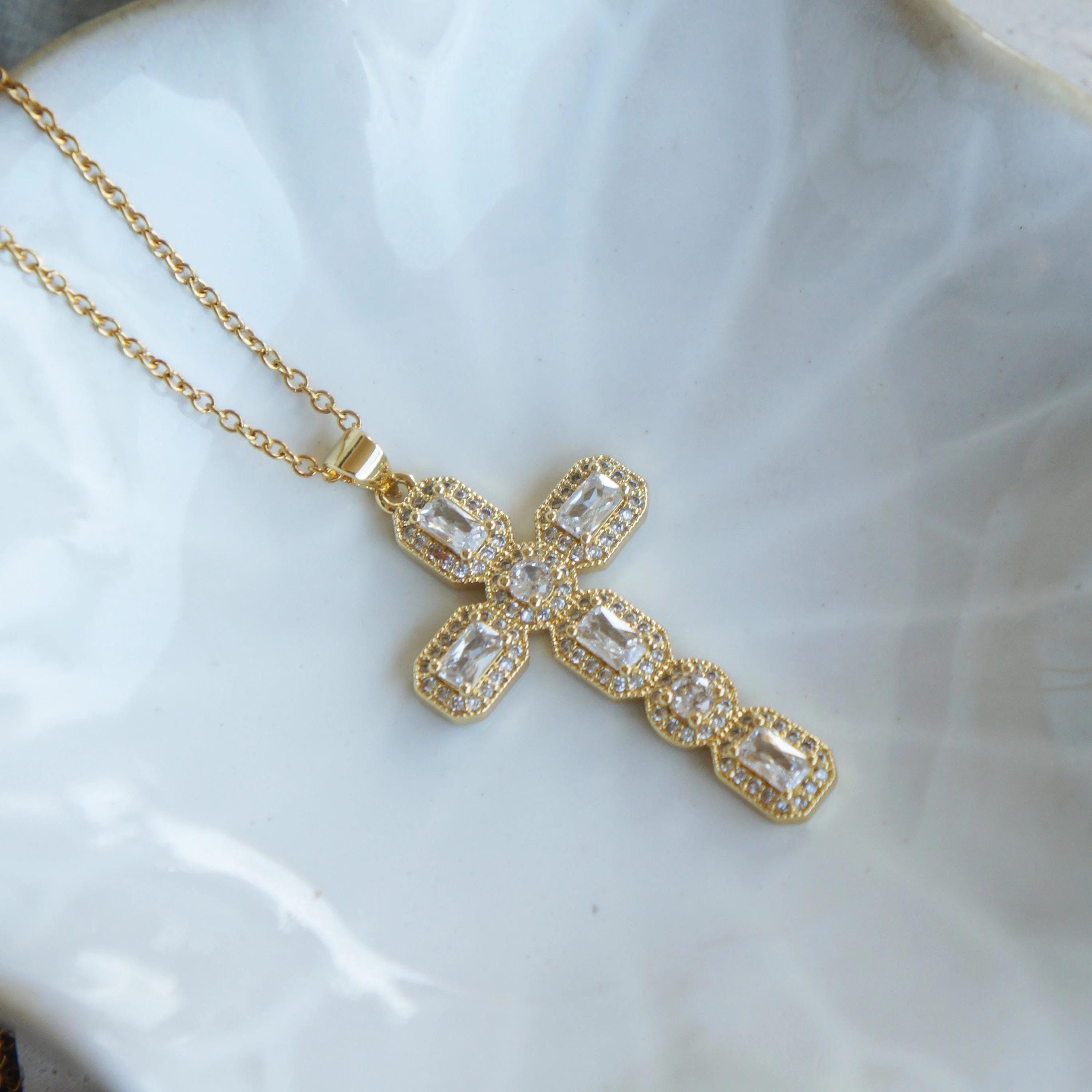 Large Victorian Gold Crystal Cross Necklace, Antiqued Style Jewelry, Statement Piece, Religious Pendant, Elegant Gift for Her