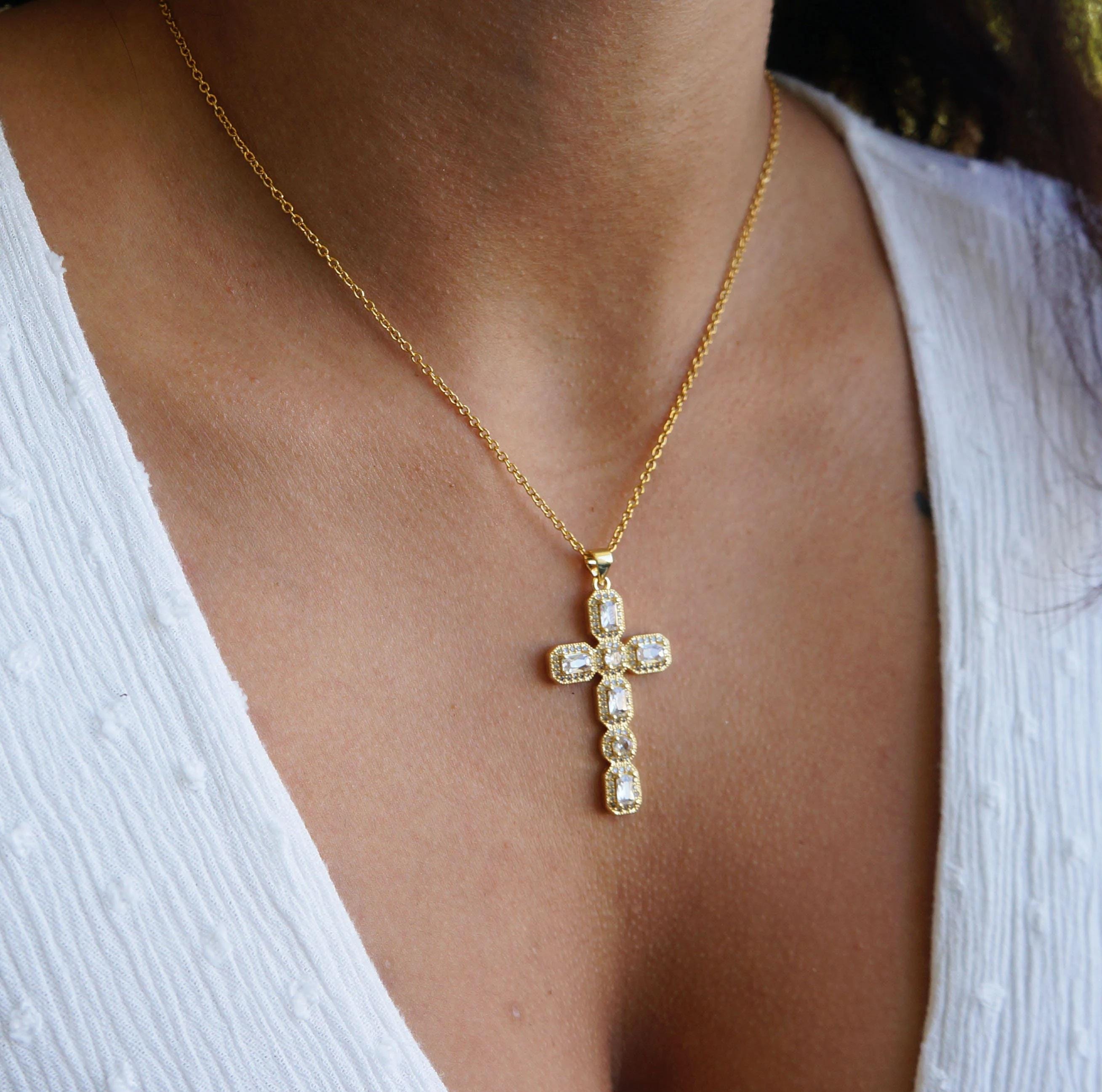 Large Victorian Gold Crystal Cross Necklace, Antiqued Style Jewelry, Statement Piece, Religious Pendant, Elegant Gift for Her