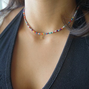 Seed Bead Necklace Multicolor Rainbow Beaded Necklace Gift for Girls Friendship Necklace Custom Gold Initial Charm Multiple Colors Available image 9