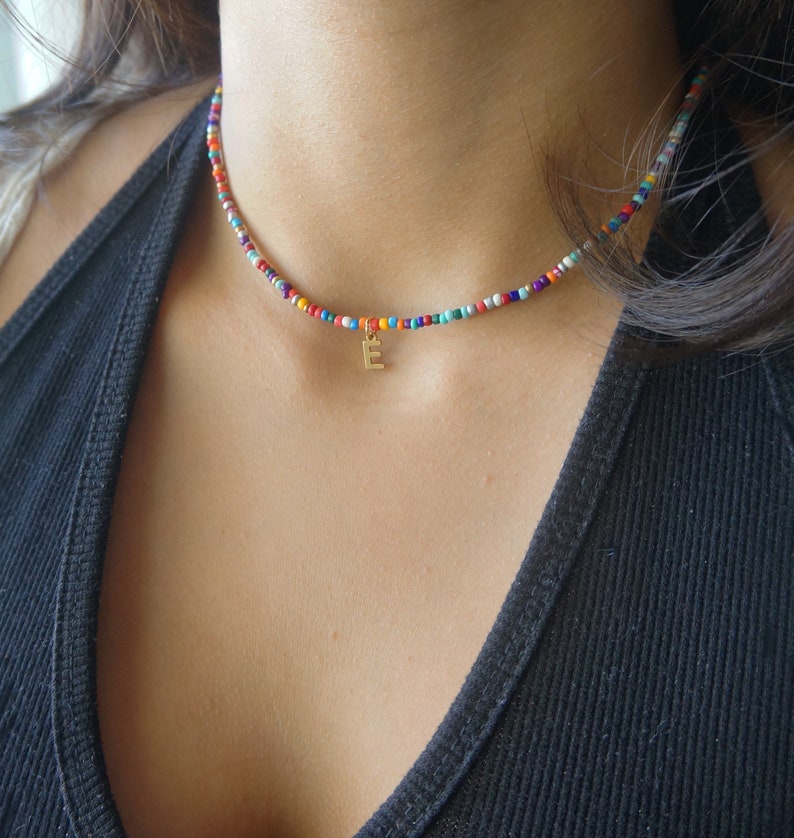 Seed Bead Necklace Multicolor Rainbow Beaded Necklace Gift for Girls Friendship Necklace Custom Gold Initial Charm Multiple Colors Available image 9