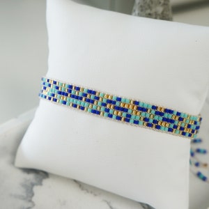 Miyuki Seed Beaded Bracelet: Handmade Bohemian Blue Gold Artwork
