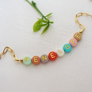Personalized Name Necklace: 18KT Gold Paper Clip Chain, Colorful Beaded Letters