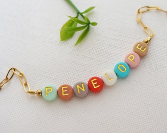 Dainty Name Beaded Necklace 18KT Gold Paper Clip Chain Personalized Gold Letters Necklace Colorful Letters Necklace Gift for Girls Women