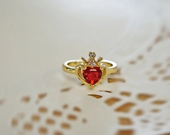 Heart Ring with Crown Detail, Red Heart Ring, Adjustable Band Ring, Love Jewelry, Gift for Her,  Love Gift