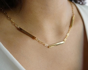 Personalized Family Names Necklace: Gold Paper Clip Chain, Engraved Bar Pendant