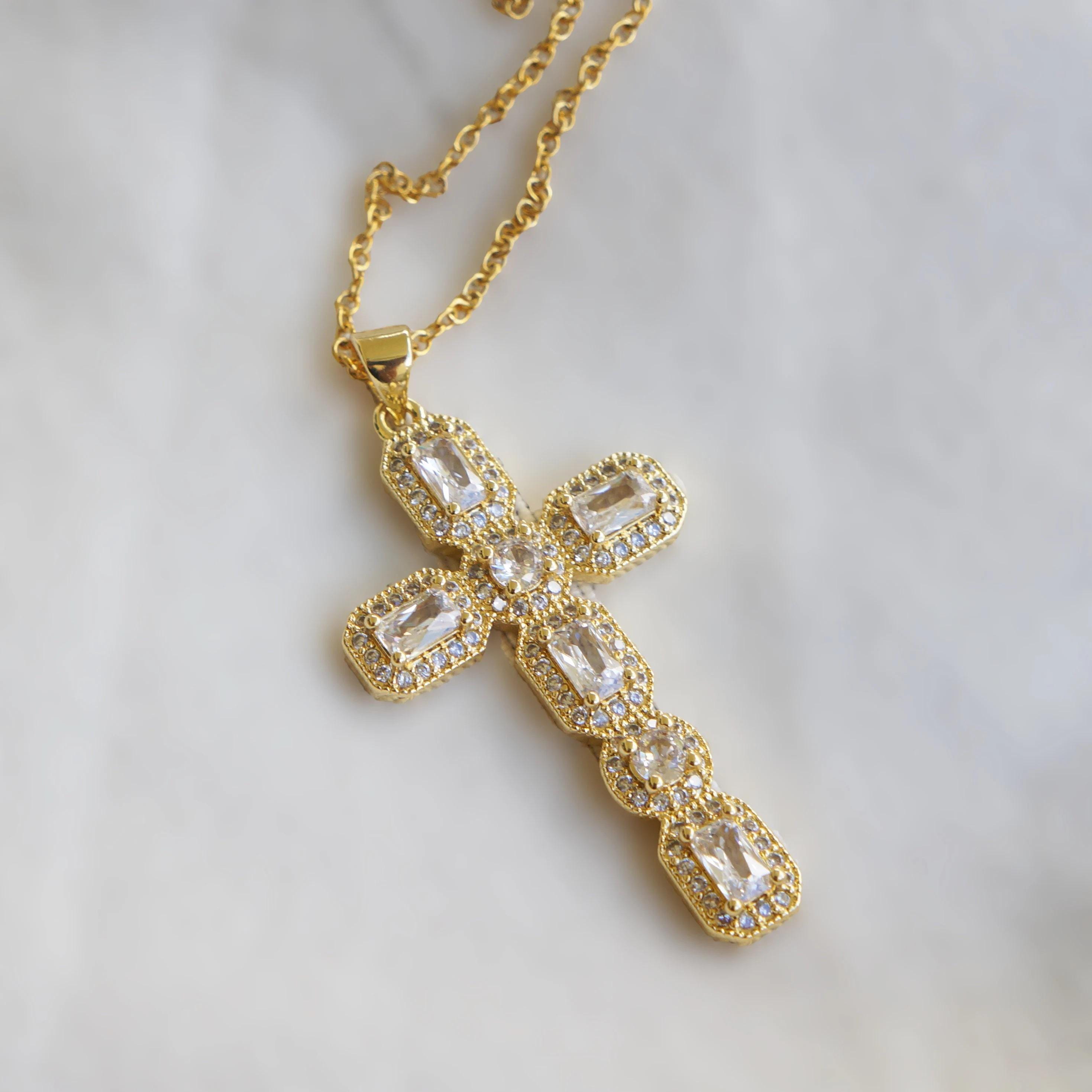 Large Victorian Gold Crystal Cross Necklace, Antiqued Style Jewelry, Statement Piece, Religious Pendant, Elegant Gift for Her