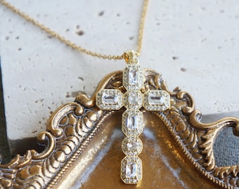 Victorian Gold Cross Necklace: Antiqued Cubic Zirconia Pendant