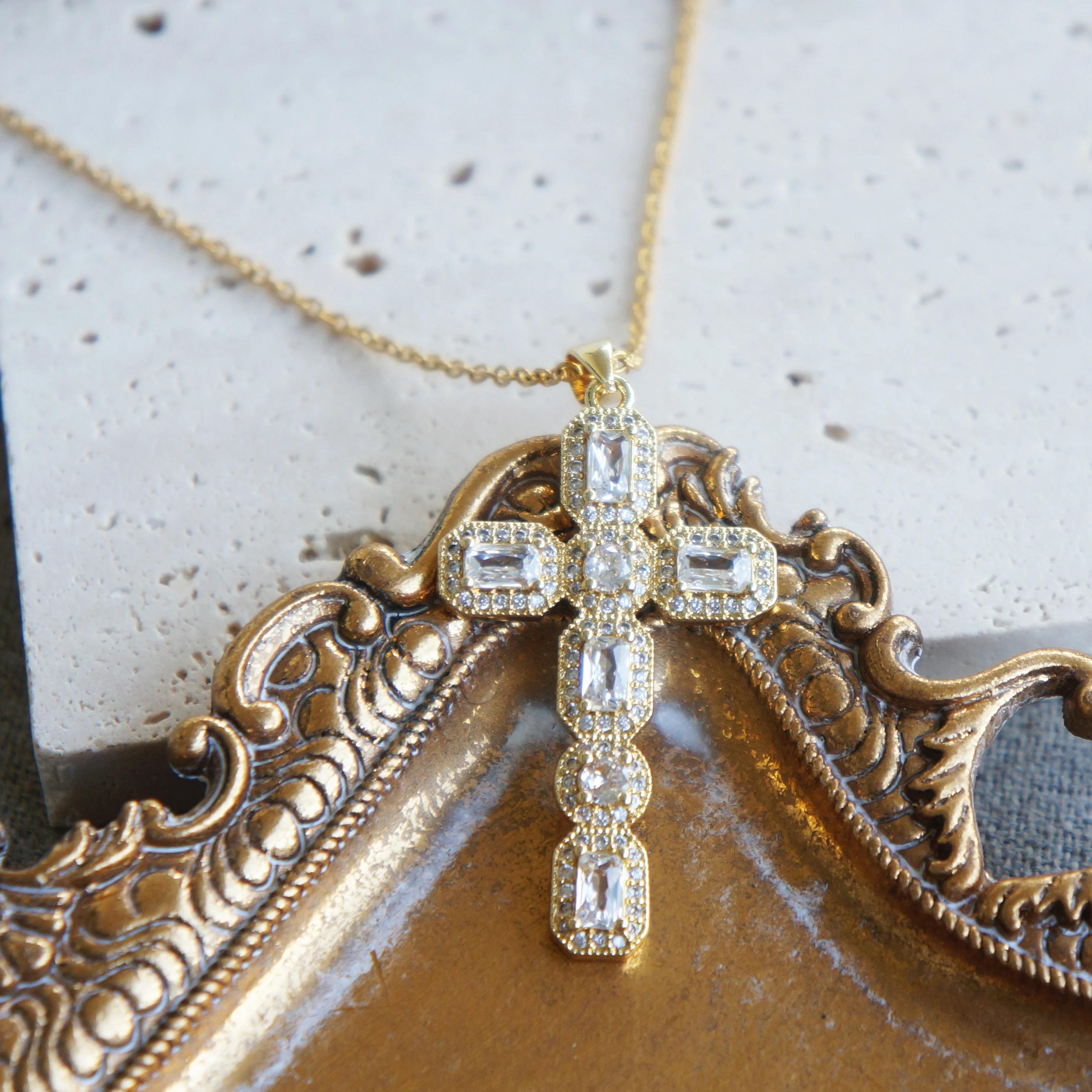Large Victorian Gold Crystal Cross Necklace, Antiqued Style Jewelry, Statement Piece, Religious Pendant, Elegant Gift for Her