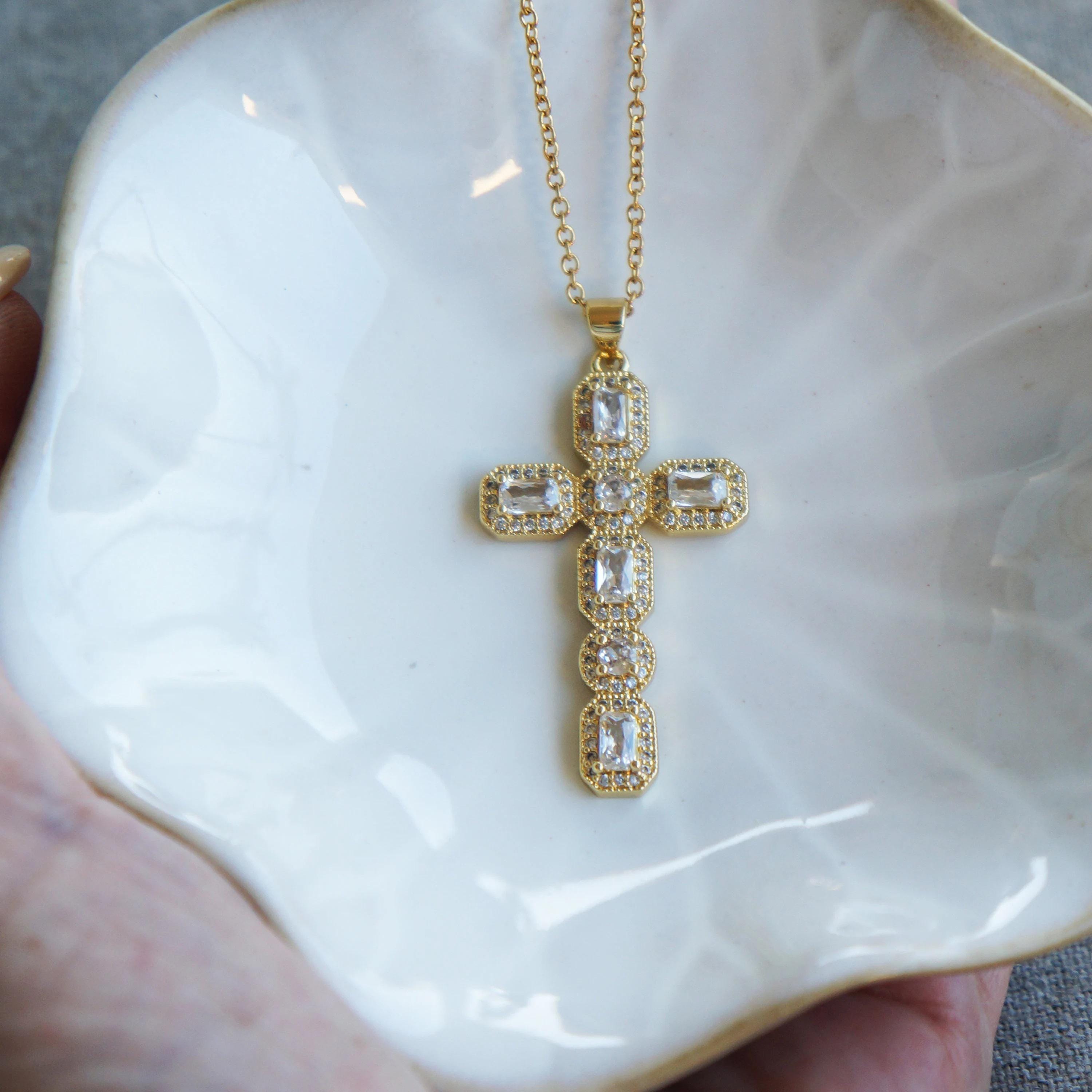 Large Victorian Gold Crystal Cross Necklace, Antiqued Style Jewelry, Statement Piece, Religious Pendant, Elegant Gift for Her
