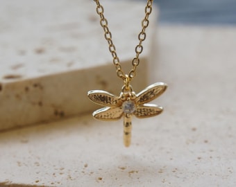 Gold Dragonfly Necklace: CZ Charm, Delicate Nature Pendant