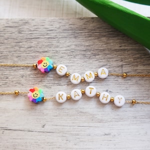 Personalized Smiley Face Beaded Name Necklace - Stainless Steel Chain