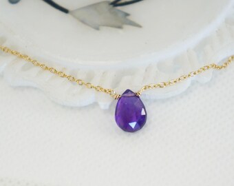 Amethyst Briolette Necklace, Purple Crystal Pendant, Gold Chain, Spiritual Healing Jewelry, Natural Gemstone Gift
