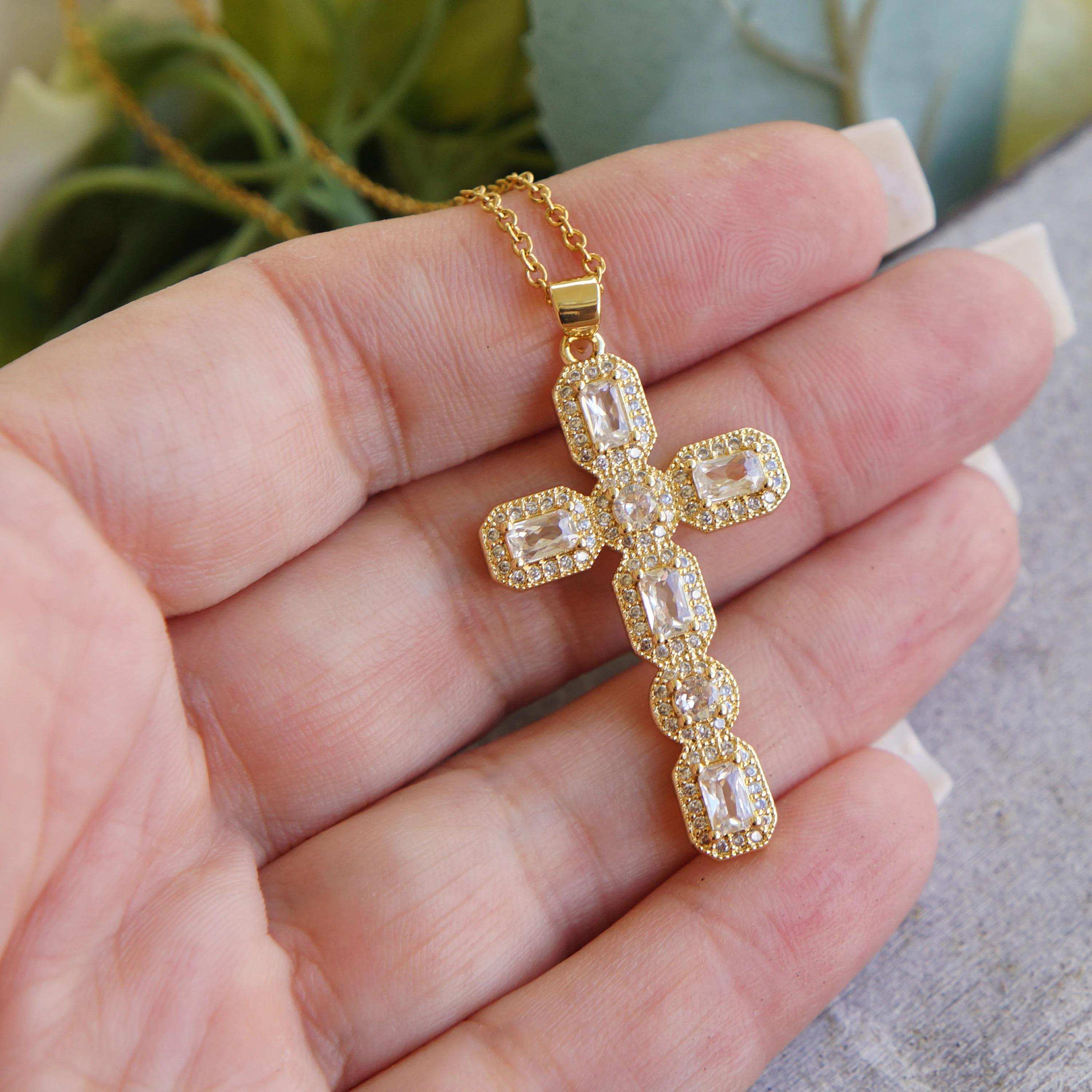 Large Victorian Gold Crystal Cross Necklace, Antiqued Style Jewelry, Statement Piece, Religious Pendant, Elegant Gift for Her