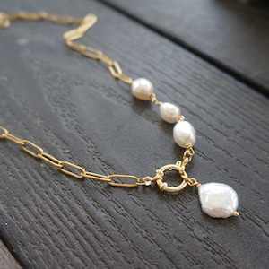 Gold Paperclip Chain Necklace, Asymmetrical Freshwater Pearl, Handmade