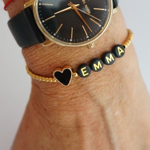 18kt Gold Beaded Name Bracelet with Black Heart - Custom Alphabet