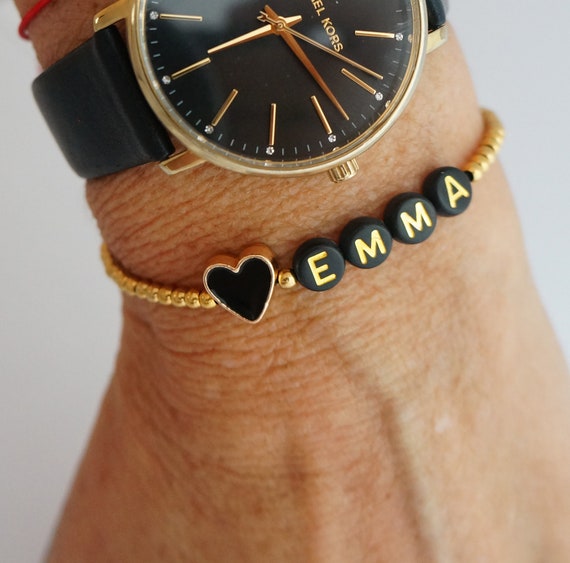 18kt Gold Beaded Name Bracelet with Black Heart - Custom Alphabet