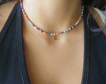 Seed Bead Necklace Multicolor Rainbow Beaded Necklace Gift for Girls Friendship Necklace Custom Gold Initial Charm Multiple Colors Available