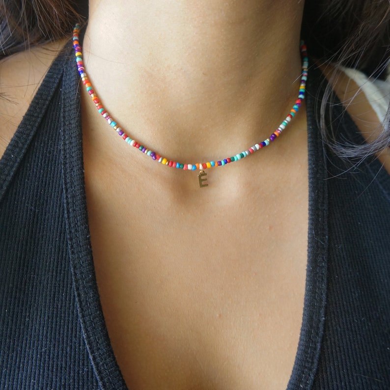 Seed Bead Necklace Multicolor Rainbow Beaded Necklace Gift for Girls Friendship Necklace Custom Gold Initial Charm Multiple Colors Available image 1