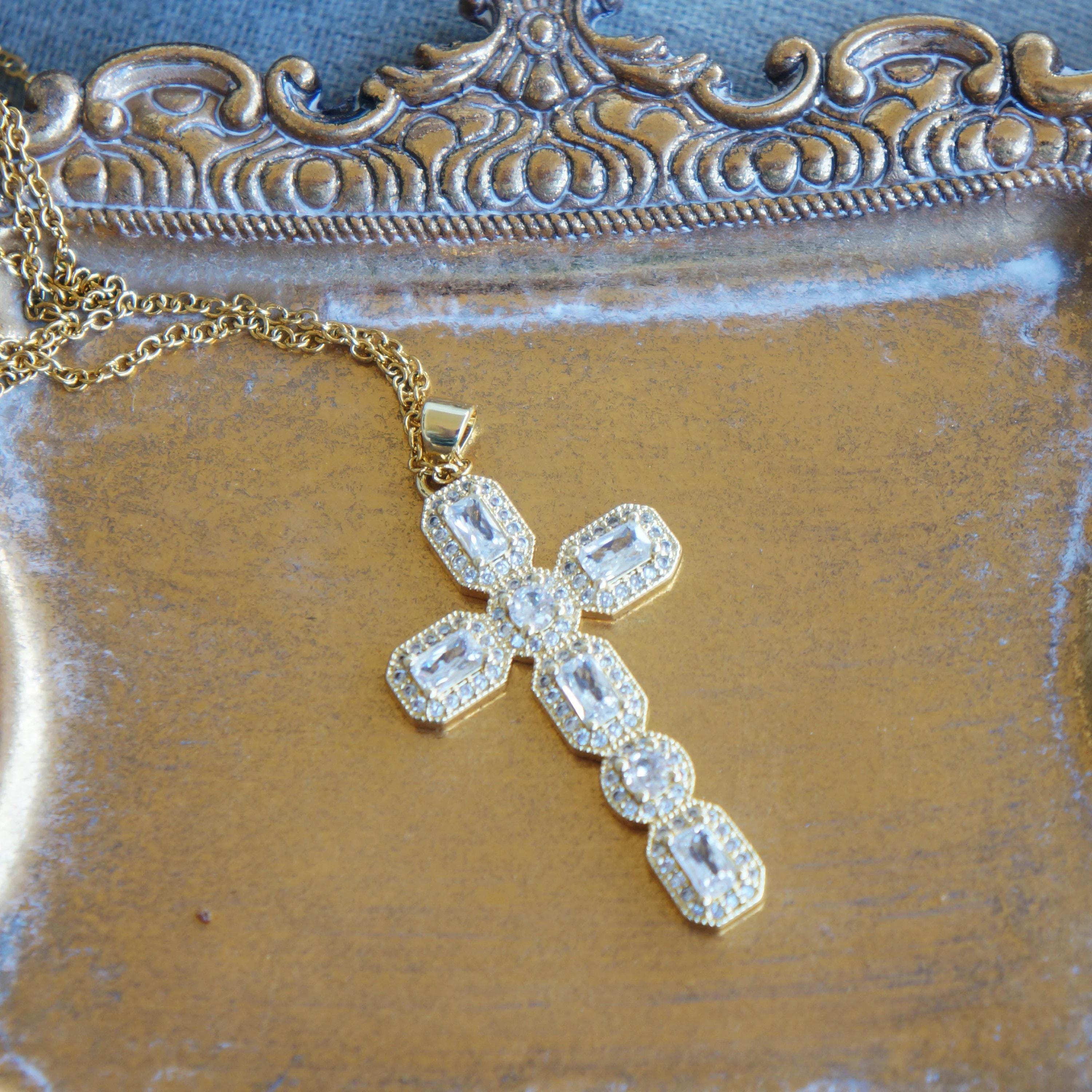 Large Victorian Gold Crystal Cross Necklace, Antiqued Style Jewelry, Statement Piece, Religious Pendant, Elegant Gift for Her