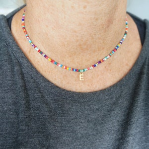 Seed Bead Necklace Multicolor Rainbow Beaded Necklace Gift for Girls Friendship Necklace Custom Gold Initial Charm Multiple Colors Available image 3