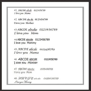 May include: A white sheet of paper with black text. The text is numbered 1 through 8 and includes the words "ABCDE abcde" and "I love you" followed by the words "Mama", "Mother", "Mom", "Mommy".