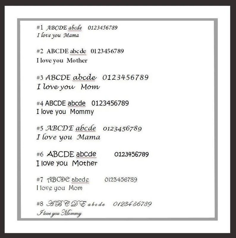 May include: A white sheet of paper with black text. The text is numbered 1 through 8 and includes the words "ABCDE abcde" and "I love you" followed by the words "Mama", "Mother", "Mom", "Mommy".