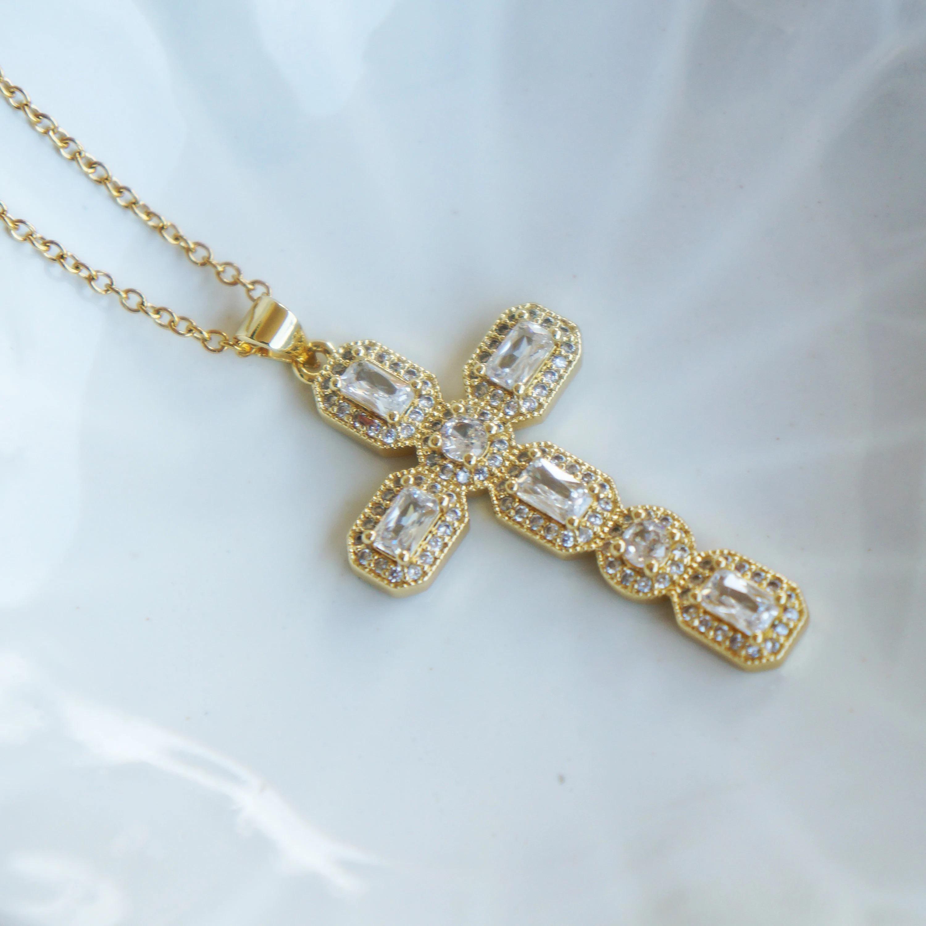 Large Victorian Gold Crystal Cross Necklace, Antiqued Style Jewelry, Statement Piece, Religious Pendant, Elegant Gift for Her