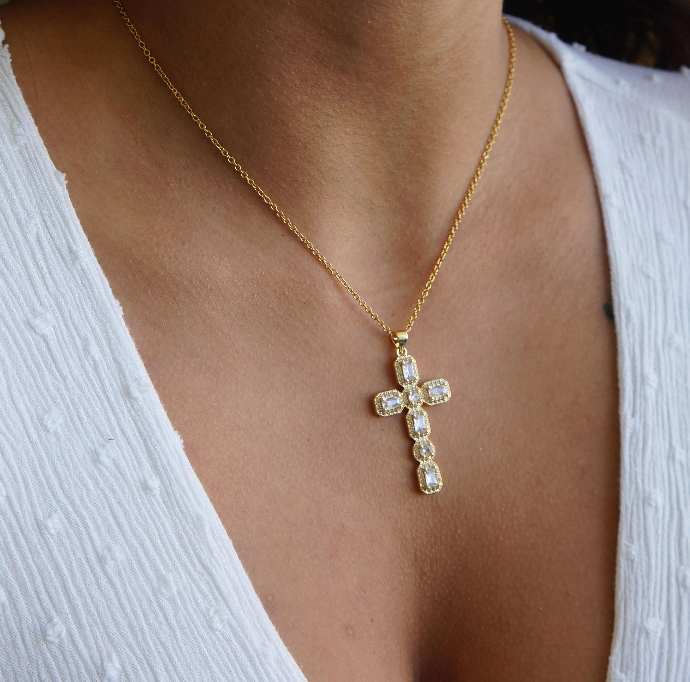 Large Victorian Gold Crystal Cross Necklace, Antiqued Style Jewelry, Statement Piece, Religious Pendant, Elegant Gift for Her