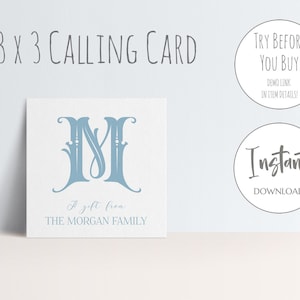 Family Calling Card | 3x3 Gift Tag | Gift Enclosure Card | Monogram Gift Tag | Printable Gift Tag | Watercolor Gift Tag