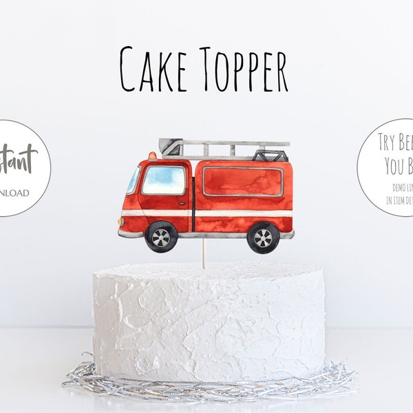 Fire Truck Birthday Cake Topper | Fire Truck Birthday Party, Firetruck Cake Topper, DIY Printable Fire Truck Cake Topper