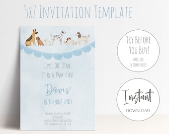 Puede incluir: Una plantilla de invitación azul y blanca de 5x7 pulgadas con un fondo de acuarela. La invitación presenta una ilustración de dibujos animados de perros y el texto "Come. Sit. Stay... It is a Paw-Tay! Davis is turning one!"