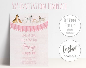 Dog Birthday Invitation for Girls | Let's Paw-ty, Editable Invitation, Puppy Invitation for Dog Birthday Party