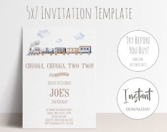 May include: A 5x7 invitation template with a watercolor train illustration. The text reads "Chugga, Chugga, Two Two!" and invites guests to Joe's 2nd birthday. Includes RSVP information and a "Try Before You Buy" option.