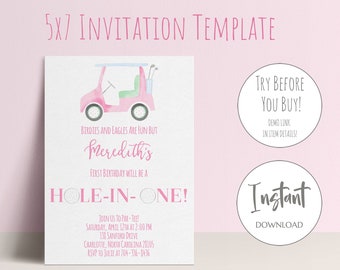 Girl Golf Party Invitation | First Birthday Par-Tee, Hole in One Birthday, Instant Download Golf Invitation