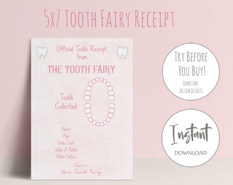 Pink Tooth Fairy Receipt | Printable Tooth Receipt, Editable Tooth Certificate, Girls Tooth Fairy Letter, Tooth Fairy Note
