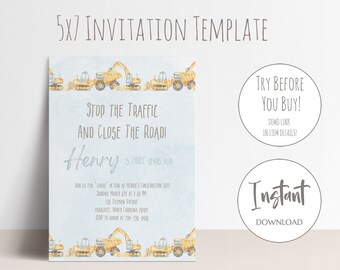 Construction Birthday Invitation | Stop The Traffic, DIY Editable Construction Invitation, Watercolor Construction Invitation