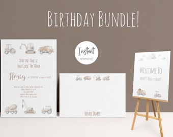 Neutral Construction Birthday Invitation, Construction Birthday Party, Construction Party, Editable Construction Birthday Bundle