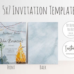 May include: A 5x7 inch invitation template for a backyard bonfire birthday party. The front of the invitation features a watercolor illustration of a campfire, trees, and a crescent moon with string lights. The text on the front reads "Join us for a Backyard Bonfire Celebrating John Brunson's 4th Birthday! Saturday, April 1st at 7:00 PM 312 Maple Court,  Benford, NC 27314 RSVP to 555-555-5555". The back of the invitation is a light blue watercolor background.