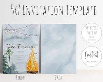 May include: A 5x7 inch invitation template for a backyard bonfire birthday party. The front of the invitation features a watercolor illustration of a campfire, trees, and a crescent moon with string lights. The text on the front reads "Join us for a Backyard Bonfire Celebrating John Brunson's 4th Birthday! Saturday, April 1st at 7:00 PM 312 Maple Court,  Benford, NC 27314 RSVP to 555-555-5555". The back of the invitation is a light blue watercolor background.