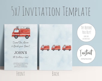 Fire Truck Birthday Invitation | Fireman Birthday Invitation, DIY Printable Invitation for Fire Truck Party
