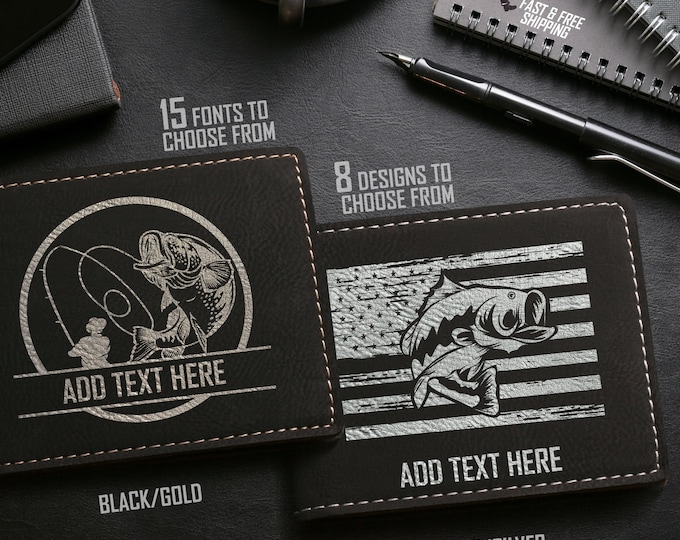 Personalized Bass Fishing Vegan Leather Wallet, Engraved Gift