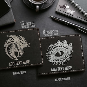 Billetera de cuero grabada para hombre, billetera con temática de dragón, regalo para el hijo de mamá, billetera vegana plegable personalizada, billetera de dragón para hombre con nombre personalizado