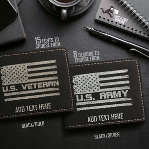 Billetera militar personalizada, regalo para hijo, bandera de la rama militar grabada con láser, regalo personalizado para esposo, billetera plegable vegana personalizada