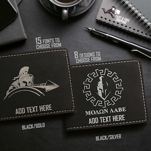 Roman Spartan Theme Laser grabado regalo personalizado para él - Nombre personalizado Vegan Bifold Wallet - Regalo de estilo minimalista delgado para él
