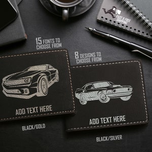 Regalo personalizado con temática de Muscle Car grabado con láser para él - Billetera plegable vegana con nombre personalizado - Billetera delgada de estilo minimalista para él