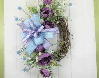 Everyday Wreath for Front Door, Purple & Blue Floral Wreath, Spring Wreath, Housewarming gift, wedding present