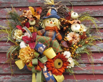 Fall Wreath, Scarecrow wreath,  Pumpkin wreath, sunflower Wreath. Scarecrow Sunflower Fall Wreath , Fall Sunflowers, Autumn Scarecrow