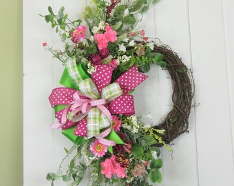 Spring Wreath, Bright Wreath for Spring and Summer, Bright Pink, Rose, White, Yellow wildflowers, Colorful Wreath for Spring, Wreath
