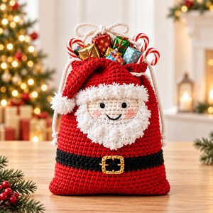 Può includere: Una borsa a sacco in uncinetto rosso che raffigura Babbo Natale, con barba bianca, cintura nera con fibbia gialla e un pon pon bianco. La borsa è riempita con piccoli pacchetti regalo e bastoncini di zucchero a strisce rosse e bianche.